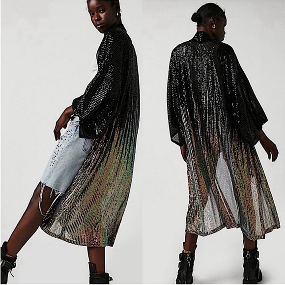 Free People Tops - Free People Party On Sequin Kimono Jacket Duster In Color Black Combo